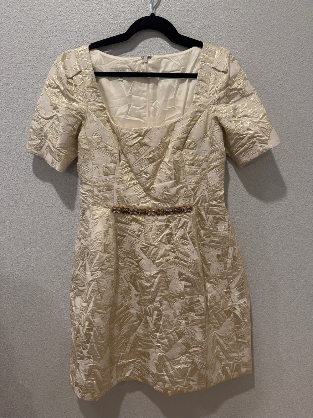 Cream & Gold Textured Cocktail Dress with Crystal Accent
